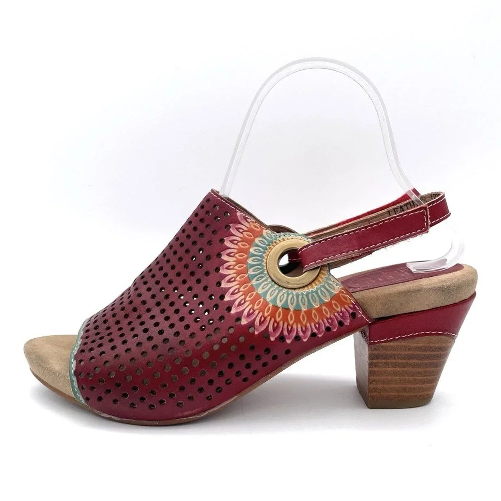 Spring Step L'Artiste Leather Upper Perforated Slingback Heels Red Women's 39